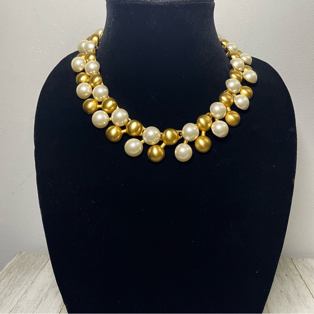 Anne Klein Gold Tone Faux Pearl Chunky Cabochon Collar Toggle Statement Necklace